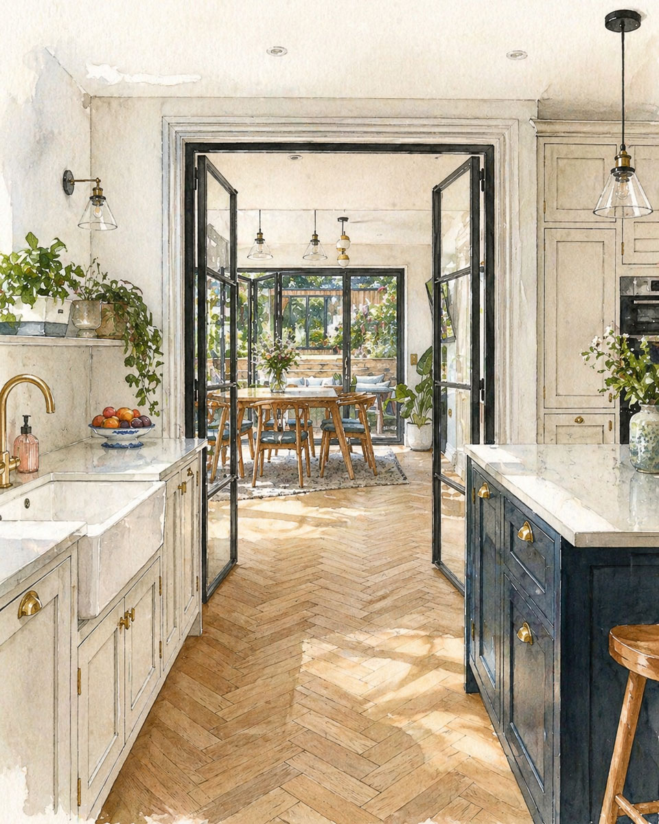 Tall glazed divider separating a kitchen zone from the dining area while keeping light flowing through the space.