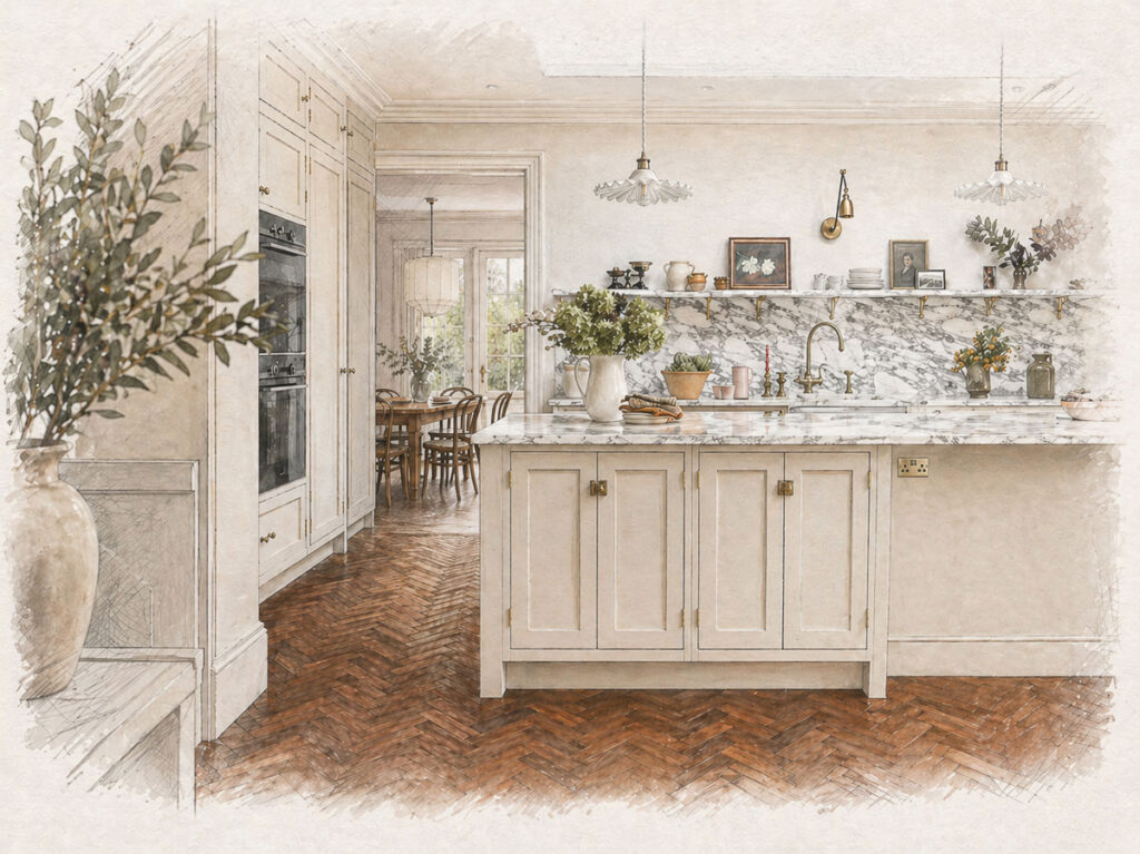 Layered sightlines in a broken-plan kitchen, with cabinetry framing the view between cooking and sitting zones.