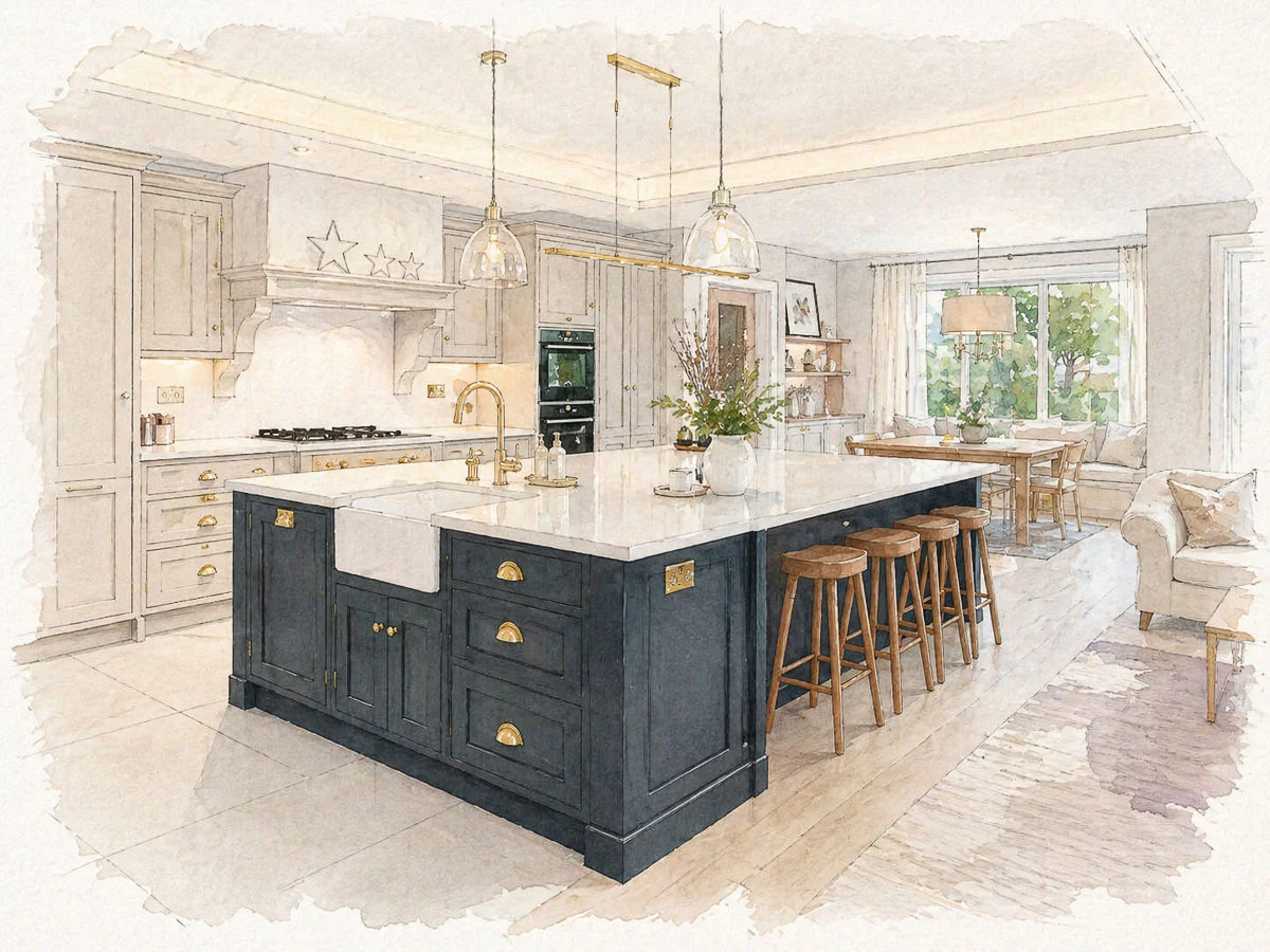 Island used as a soft divider between the cooking and dining zones in a broken-plan kitchen.
