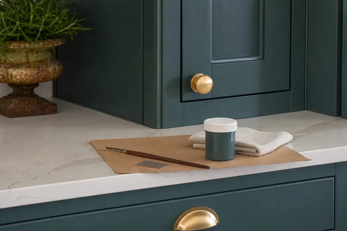 Matching touch-up paint, a fine brush and preparation tools beside hand-painted solid wood kitchen cabinetry.
