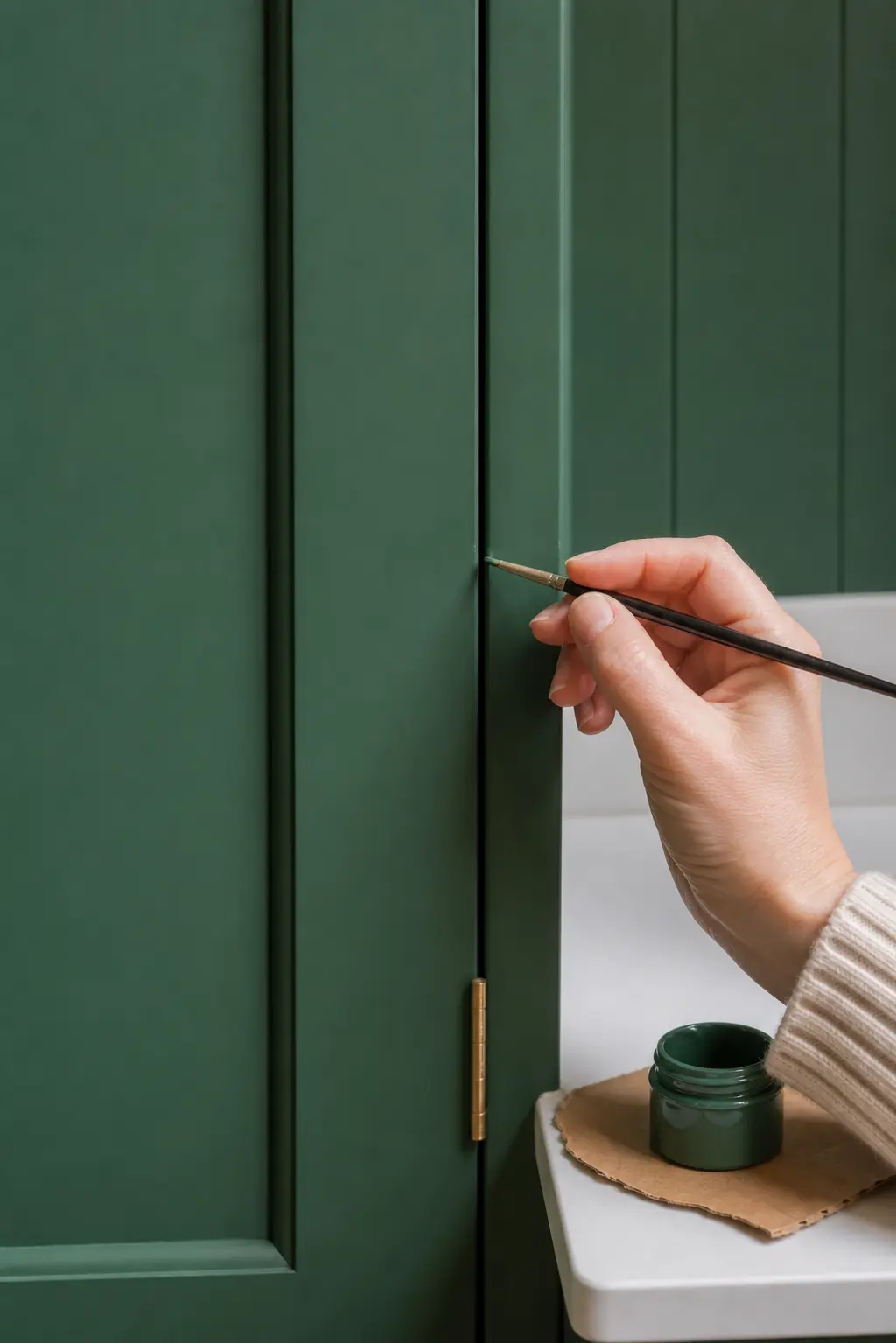 Applying matching touch-up paint to a small mark on a hand-painted solid wood kitchen cabinet.